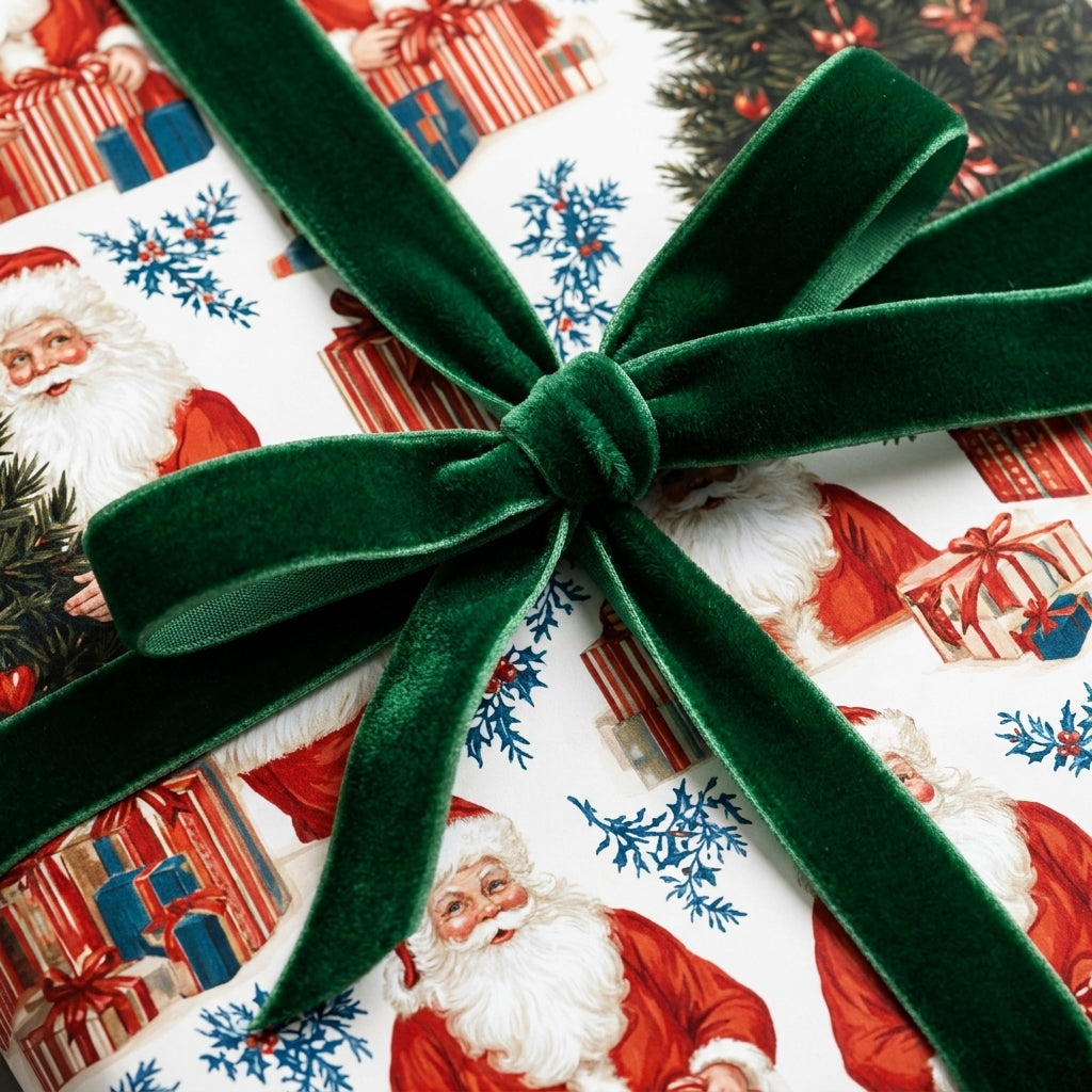 Vintage Santa Claus holiday gift wrap tied with a green velvet ribbon bow by Wrapped Studios.