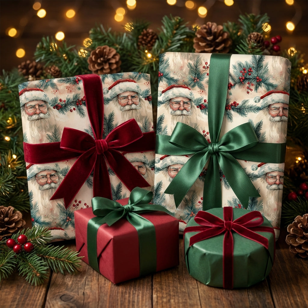 Christmas gift wrap with Santa pattern and velvet ribbon.