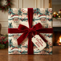 Square gift wrapped in vintage Santa Christmas wrapping paper with red velvet ribbon.