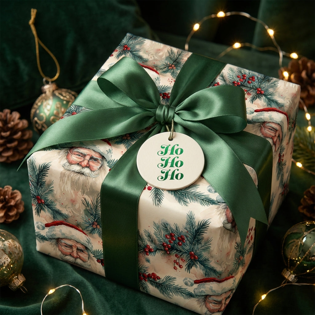 Elegant Christmas gift wrap featuring Santa design, tied with a satin green bow and "Ho Ho Ho" tag.