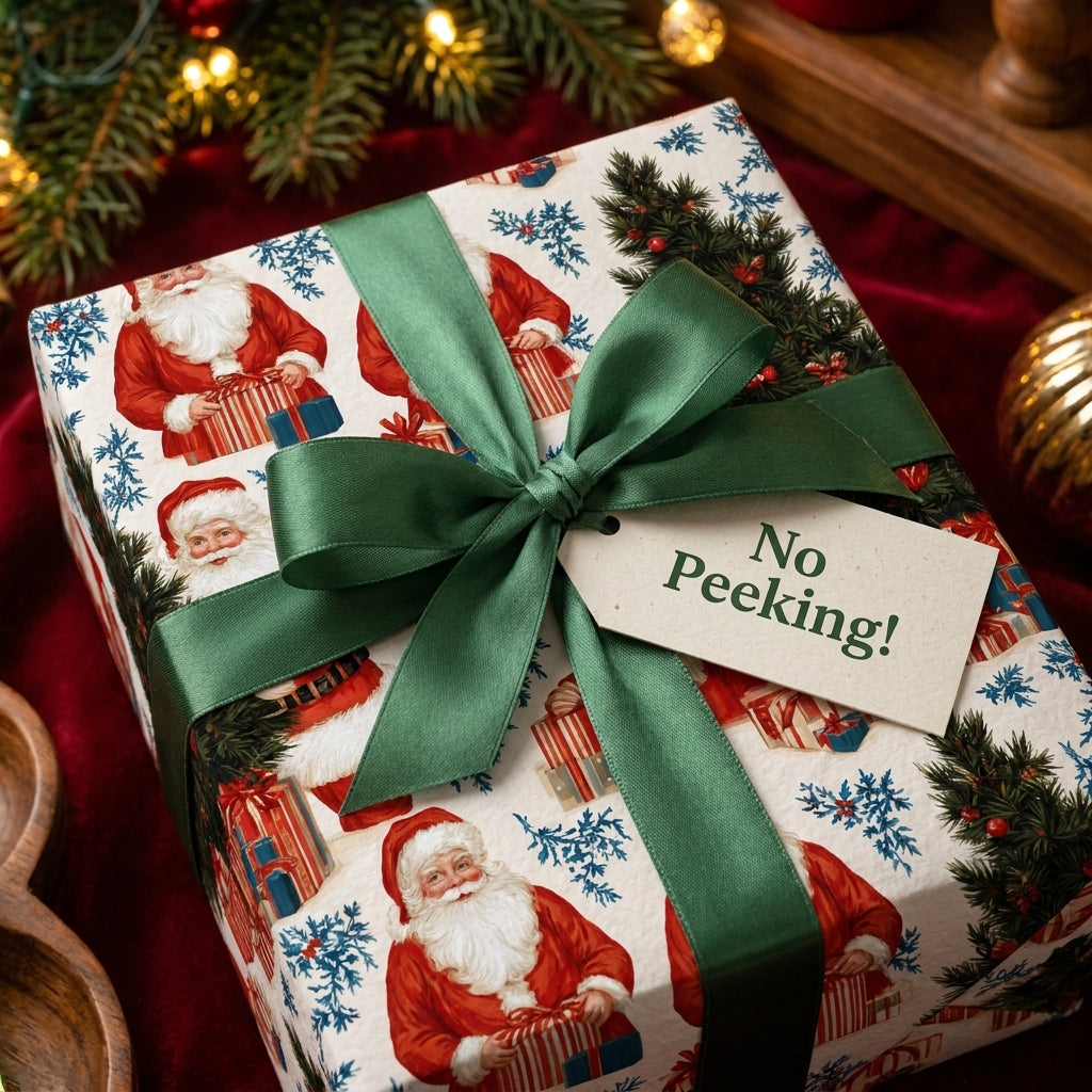 Vintage Santa Christmas wrapping paper with a green satin bow and tag by Wrapped Studios.