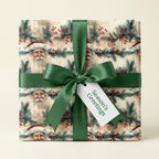 Vintage-style Christmas gift wrap featuring a Santa Claus design and a dark green satin bow, perfect for holiday gifting.