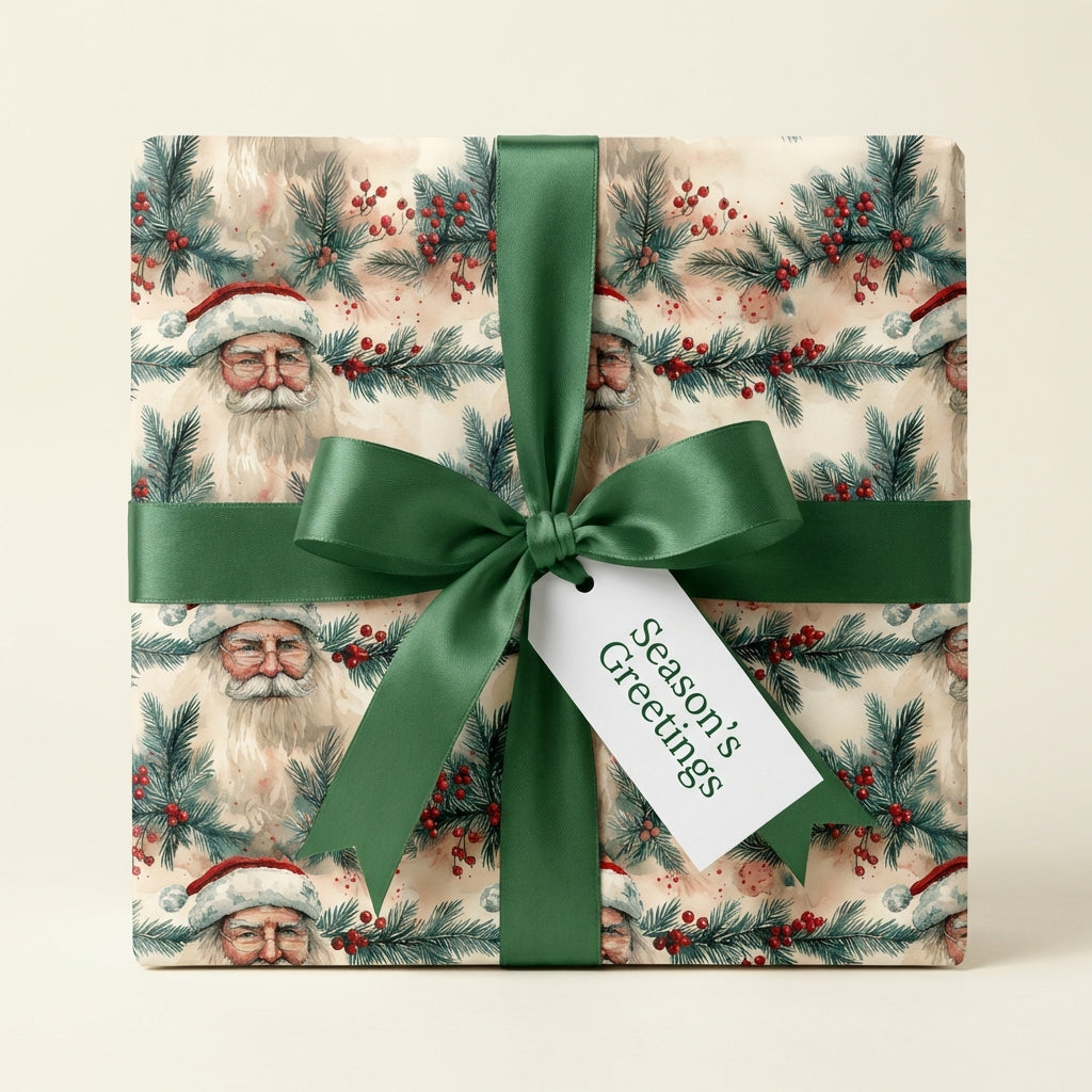 Vintage-style Christmas gift wrap featuring a Santa Claus design and a dark green satin bow, perfect for holiday gifting.