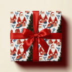 Vintage Santa Claus Christmas gift wrap with a red satin bow on a square box by Wrapped Studios.