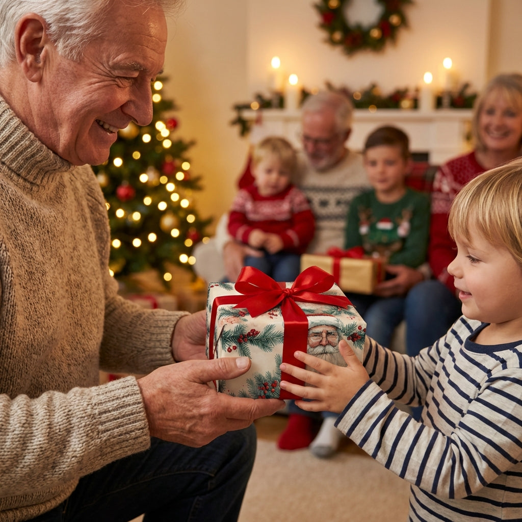 Grandfather gives Christmas gift wrapped in Santa wrapping paper with a red ribbon to grandchild.