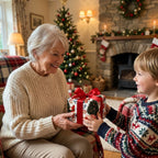 Santa Christmas wrapping paper with a red bow on a gift held by a grandmother and boy. Wrapped Studios.