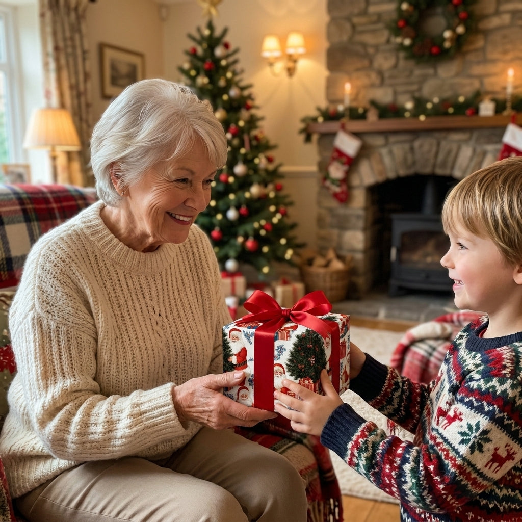 Santa Christmas wrapping paper with a red bow on a gift held by a grandmother and boy. Wrapped Studios.