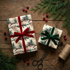 Christmas gift wrap: Santa and winter foliage pattern with velvet ribbon on rustic wood.