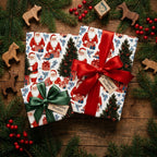 Vintage Santa Christmas wrapping paper by Wrapped Studios on gifts with red and green satin bows.