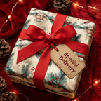 Square Christmas gift wrapped in Santa Claus wrapping paper and red ribbon.