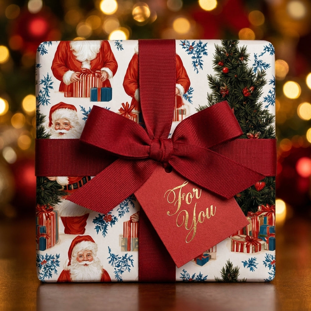 Vintage Santa Claus Christmas gift wrap by Wrapped Studios, tied with a red grosgrain ribbon and tag.