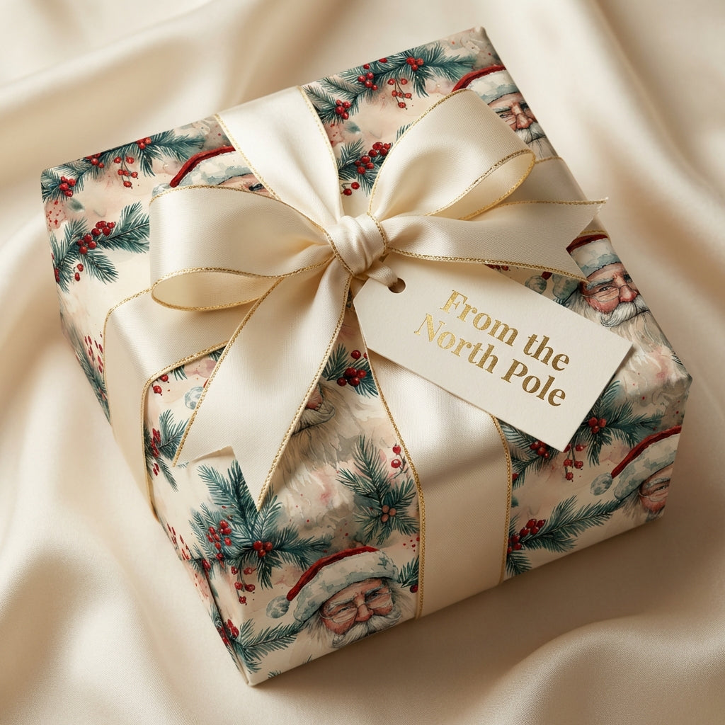 Luxury Christmas gift with Santa Claus wrapping paper and cream ribbon.