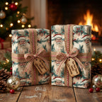 Rustic Christmas gift wrap featuring a Santa Claus pattern and "Do Not Open Until Christmas" tags.