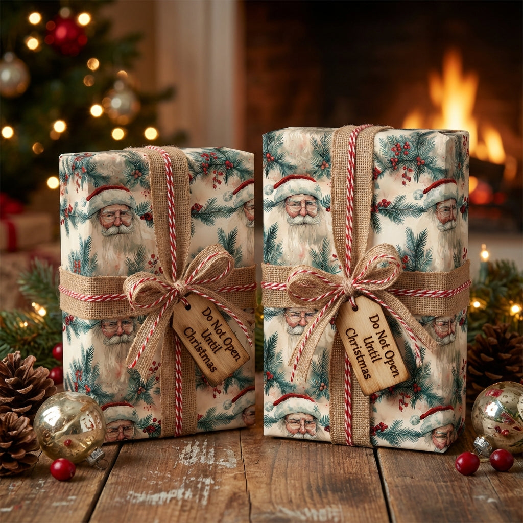 Rustic Christmas gift wrap featuring a Santa Claus pattern and "Do Not Open Until Christmas" tags.
