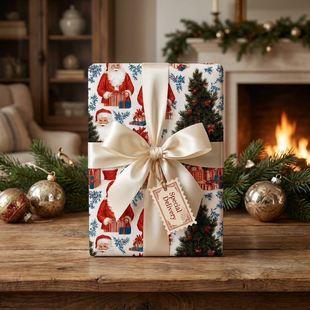 Vintage Santa Christmas wrapping paper with a cream satin bow and gift tag by Wrapped Studios.