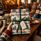 Wrapped Studios Christmas gift wrap with Santa illustration and green velvet ribbon.