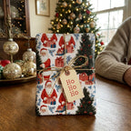 Vintage Santa Claus Christmas wrapping paper by Wrapped Studios, tied with twine and a Ho Ho Ho tag.