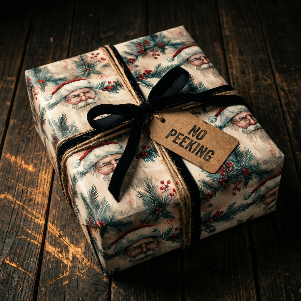 Santa Christmas gift wrapped in holiday pattern paper with black velvet ribbon and "No Peeking" tag.