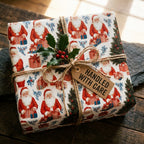 Vintage Santa Christmas wrapping paper tied with rustic twine and holly by Wrapped Studios.