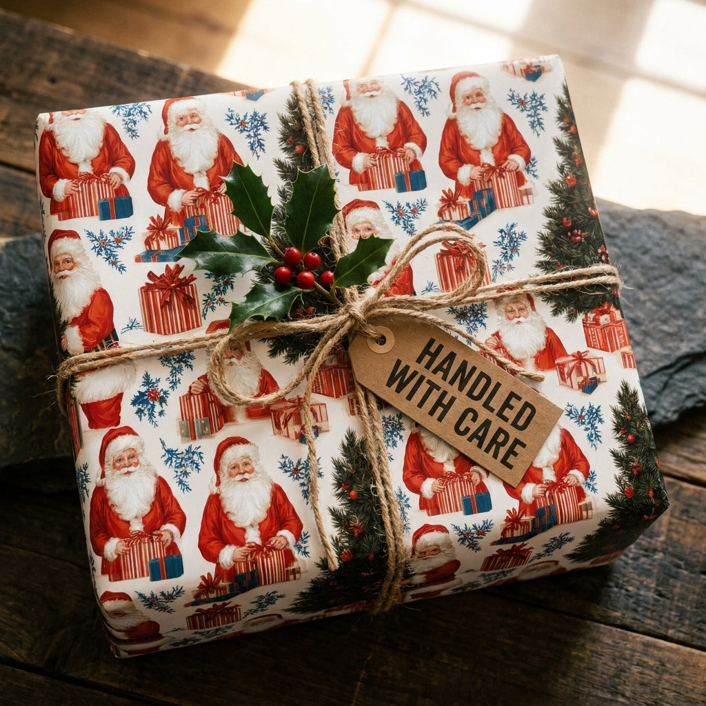 Vintage Santa Christmas wrapping paper tied with rustic twine and holly by Wrapped Studios.