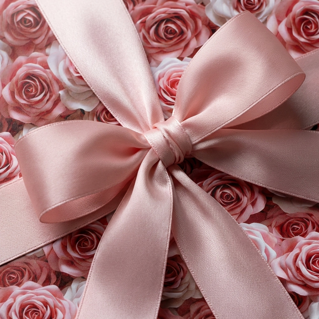 Pink rose floral luxury wrapping paper with a satin ribbon bow. Perfect for Mother's Day or wedding gifts.