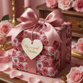 Wrapped Studios: Luxury pink rose floral gift wrap with satin ribbon & heart tag, perfect for elegant wedding, birthday gifts.