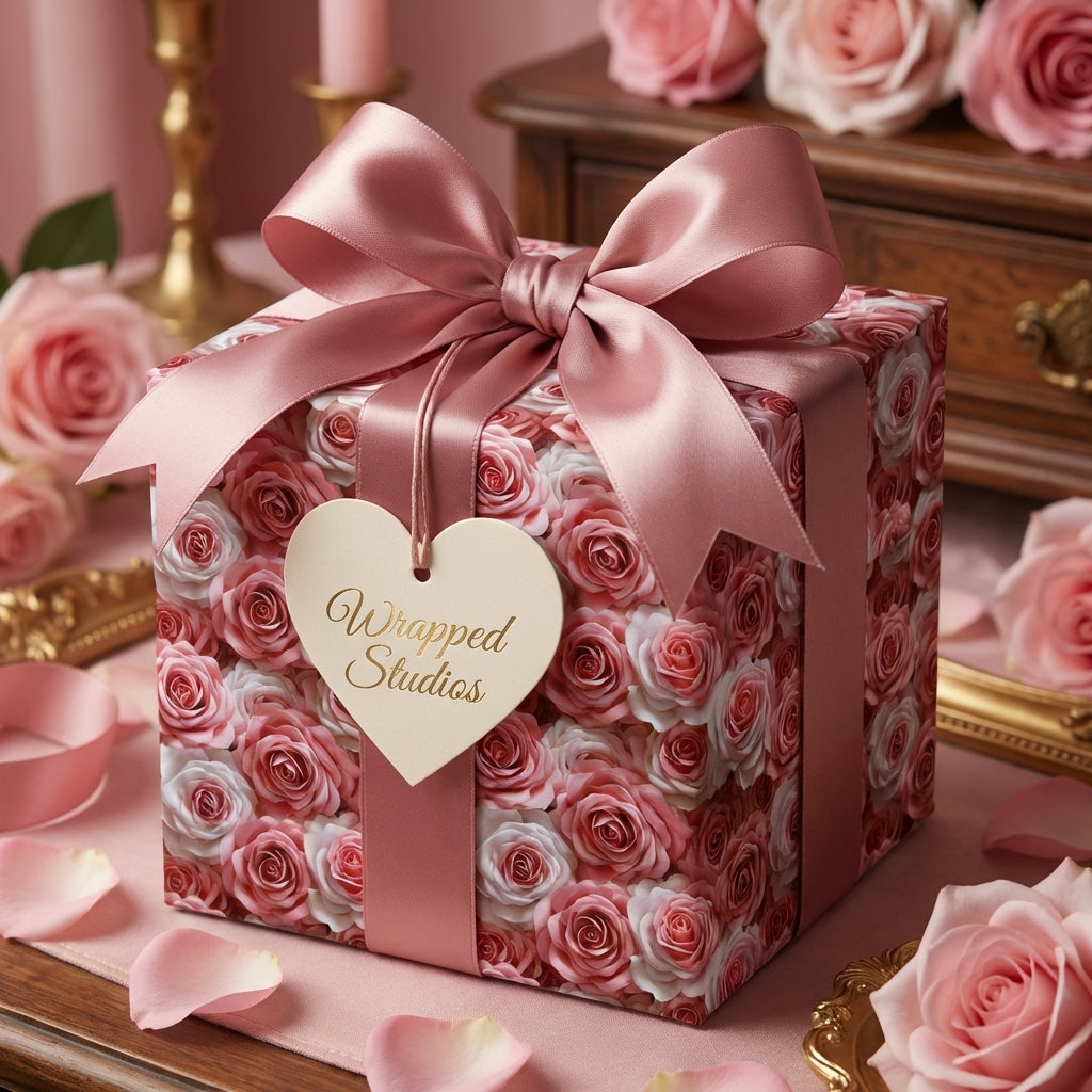Wrapped Studios: Luxury pink rose floral gift wrap with satin ribbon & heart tag, perfect for elegant wedding, birthday gifts.
