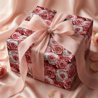 Luxury pink rose floral wrapping paper on a gift box with blush ribbon. Ideal for elegant birthday or wedding presents.