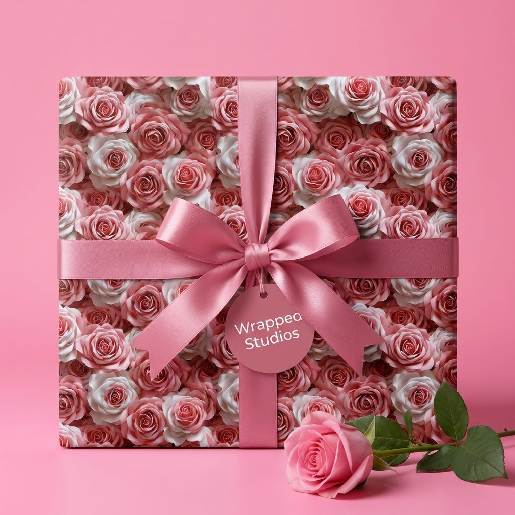 Luxury pink rose floral wrapping paper gift with satin bow, ideal for birthdays or Valentine's. Wrapped Studios.