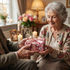 Luxury pink rose floral wrapping paper gift for anniversary or Valentine's Day, shared by couple. Wrapped Studios.