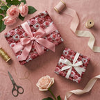 Wrapped Studios' luxurious pink and white rose floral wrapping paper with satin ribbons. Perfect for birthdays, weddings.