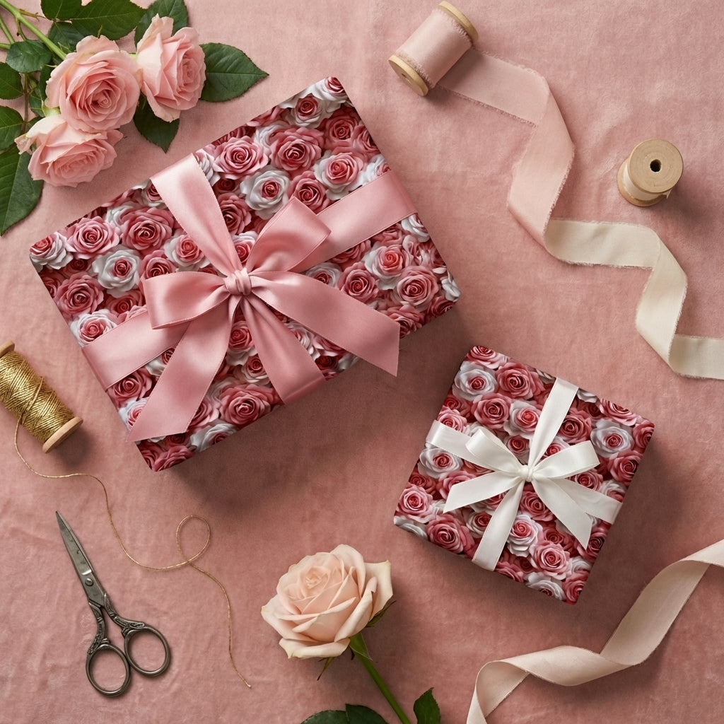 Wrapped Studios' luxurious pink and white rose floral wrapping paper with satin ribbons. Perfect for birthdays, weddings.