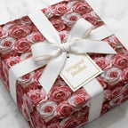 Wrapped Studios luxury pink rose floral wrapping paper for birthday or wedding, with white & gold ribbon.