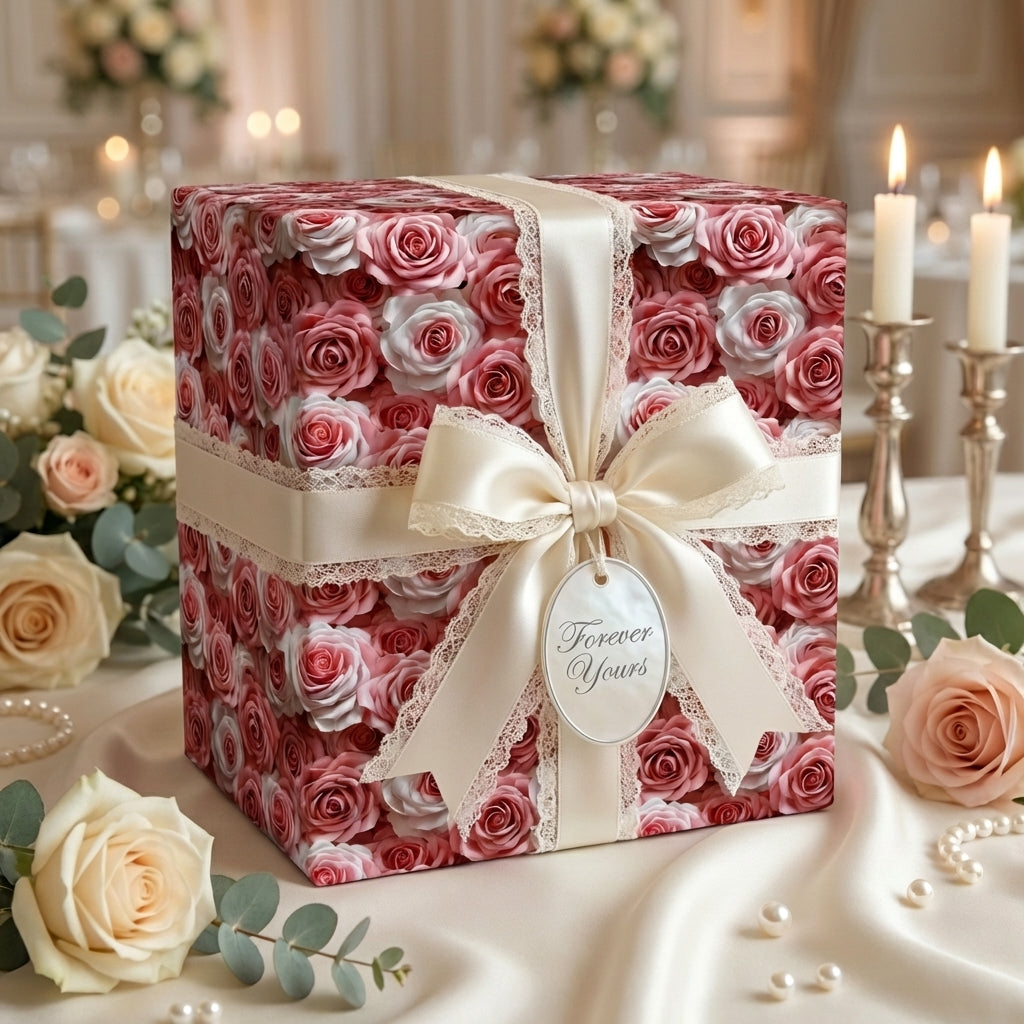 Wrapped Studios' luxury pink rose floral gift wrap with cream satin bow, lace trim & 'Forever Yours' tag. Romantic wedding, anniversary.