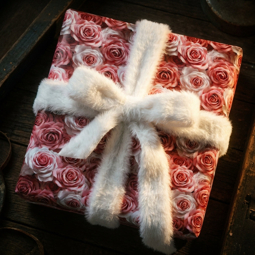 Pink rose floral wrapping paper with elegant white faux fur ribbon for luxury gifts. Wrapped Studios.