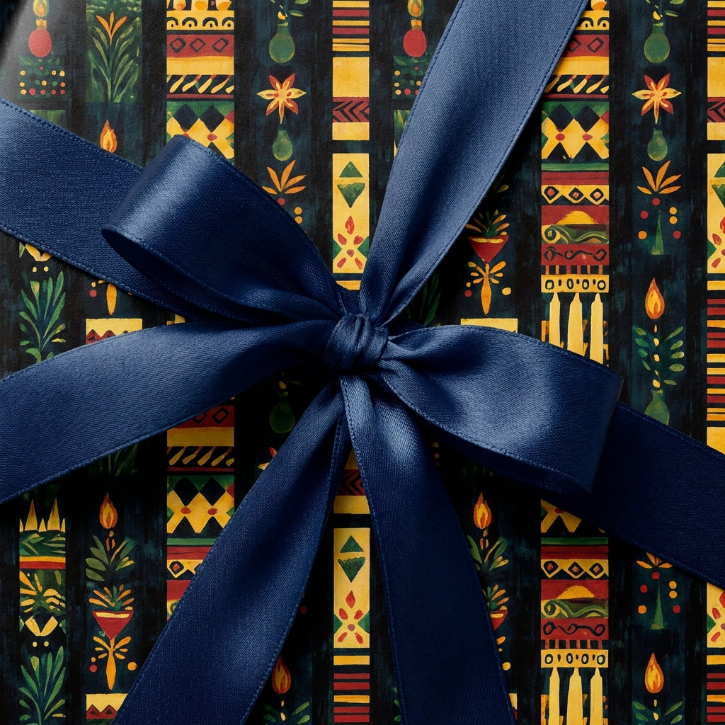 Close-up of elegant wrapping paper with botanical & candle design, tied with a blue satin ribbon.