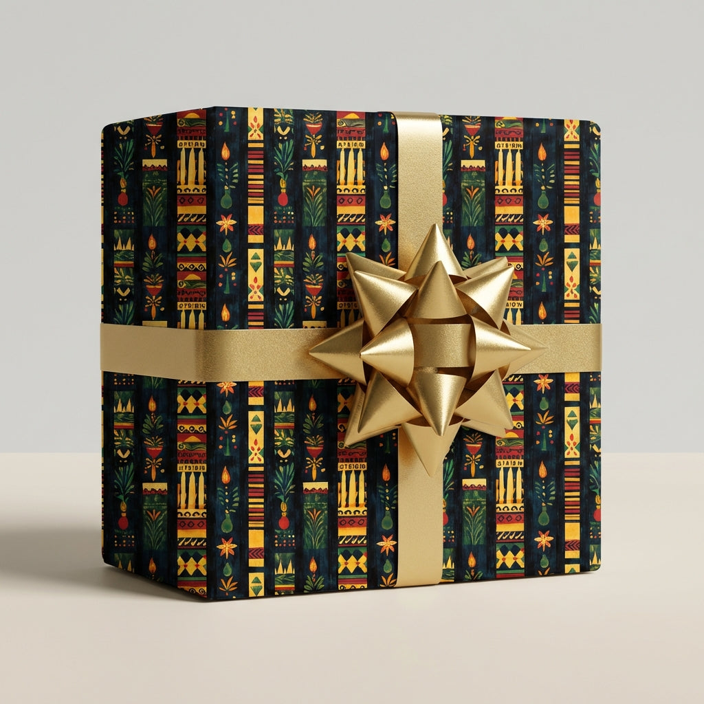 Elegant gift wrapped in black paper with gold ribbon and Egyptian motif, for birthdays or special occasions.