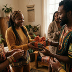 Woman handing a gift wrapped in patterned paper with an orange bow to a man.