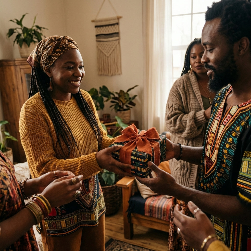 Woman handing a gift wrapped in patterned paper with an orange bow to a man.