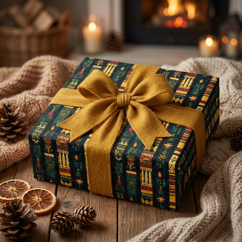 Wrapped gift with mustard bow. Dark floral Christmas wrapping paper on a rustic wood table near a cozy fireplace.