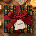 Festive gift wrapped in elegant floral wrapping paper with a red bow and "Celebrate" tag.