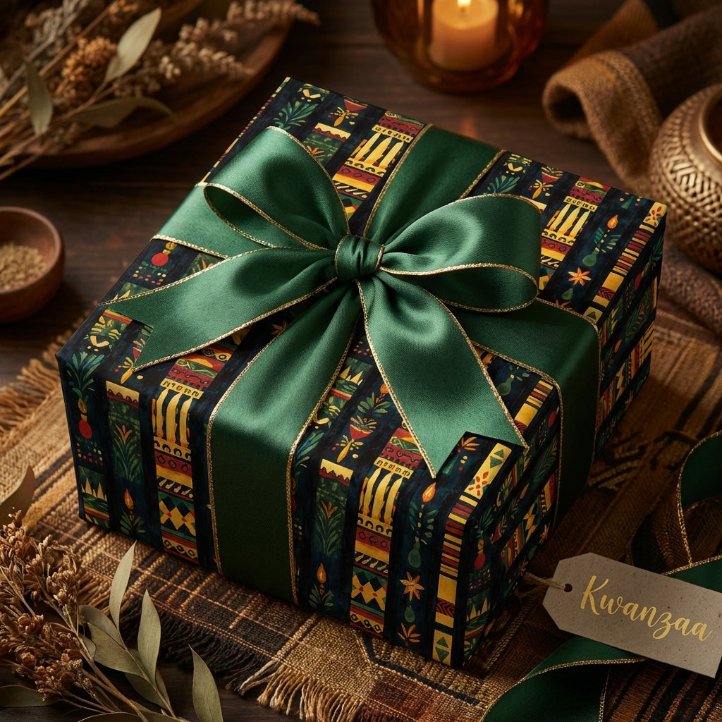 Elegant Kwanzaa gift wrap with geometric print, emerald green satin ribbon, and gold trim.