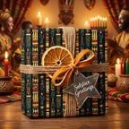 Festive Kwanzaa gift with unique African print wrapping paper, dried orange slice, twine, and "Solstice Greetings" star tag.