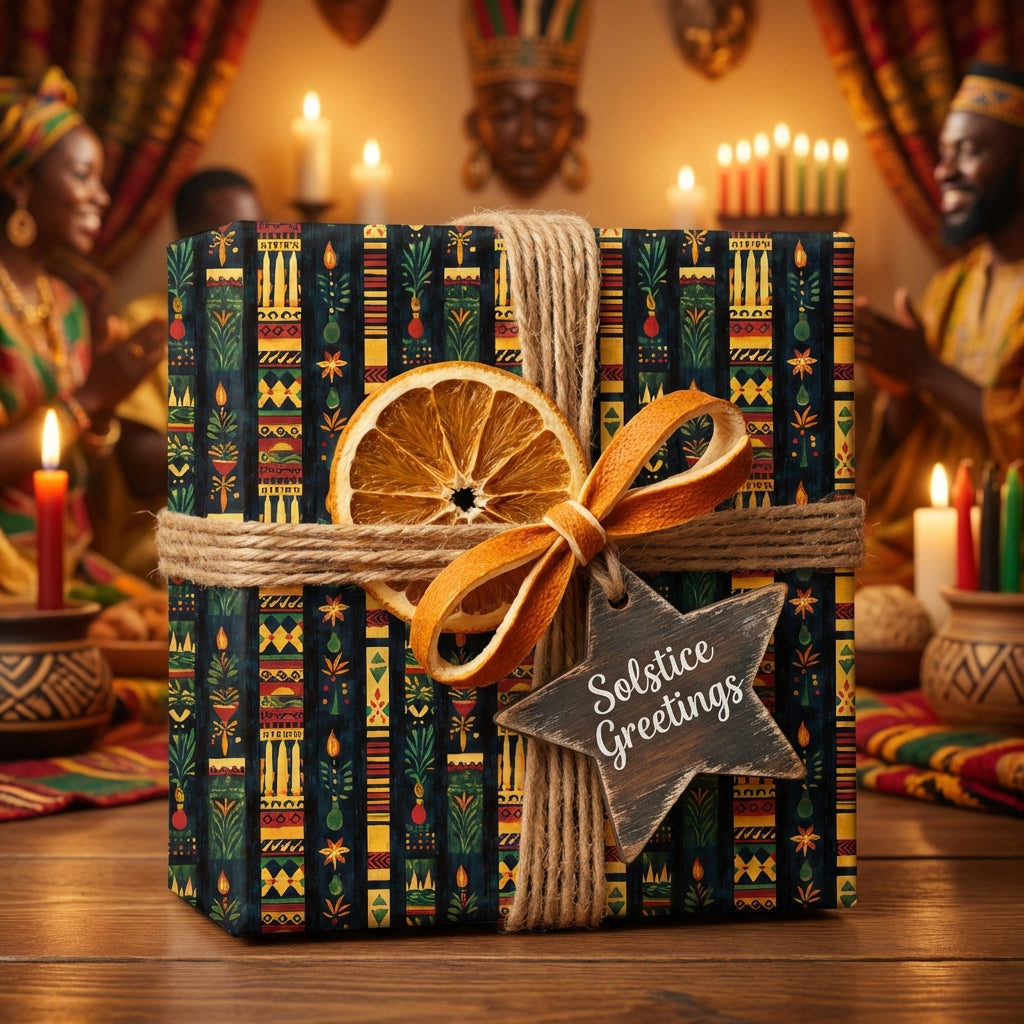 Festive Kwanzaa gift with unique African print wrapping paper, dried orange slice, twine, and "Solstice Greetings" star tag.