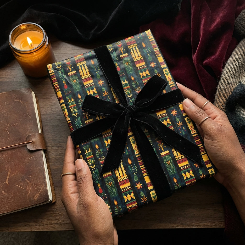 Hands hold a gift wrapped in elegant floral wrapping paper with a black velvet ribbon.