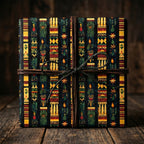 Rustic botanical pattern gift wrapping paper on a square box tied with a cord.