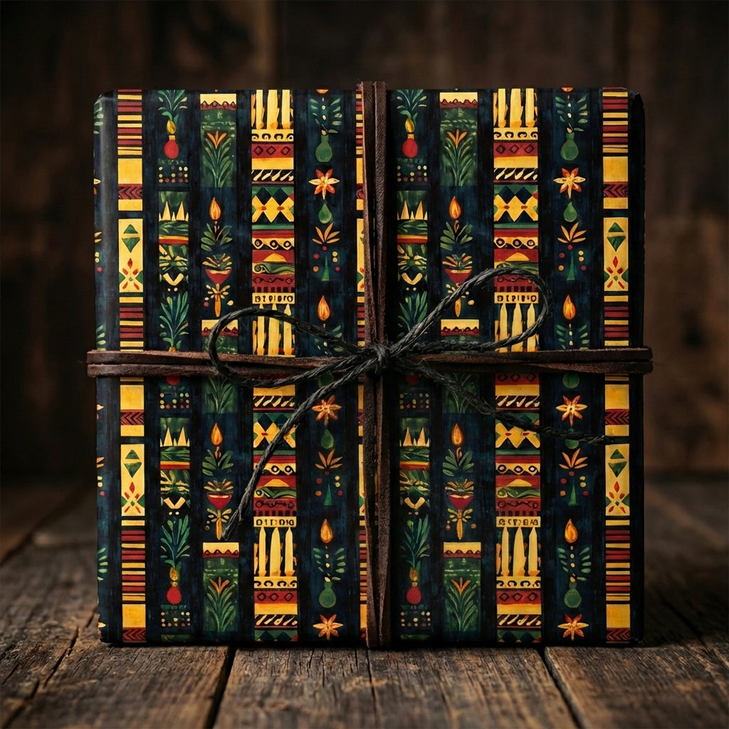 Rustic botanical pattern gift wrapping paper on a square box tied with a cord.