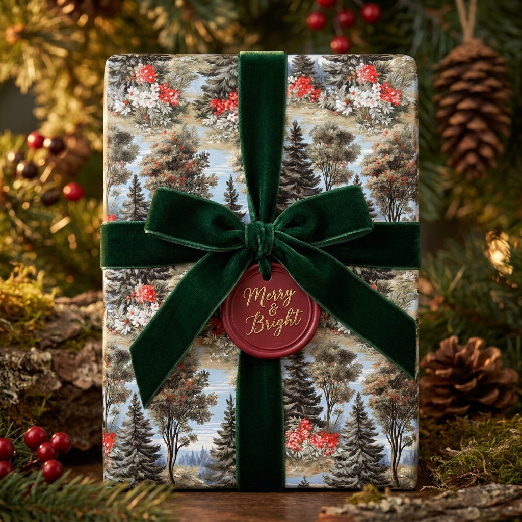 Vintage Christmas wrapping paper with winter forest print and green velvet bow by Wrapped Studios.