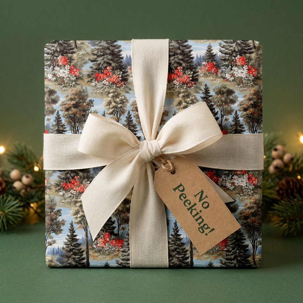 Rustic forest Christmas wrapping paper with a cream ribbon and "No Peeking" tag by Wrapped Studios.
