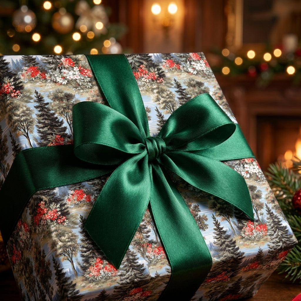 Vintage Christmas wrapping paper with pine tree pattern and green satin ribbon by Wrapped Studios.